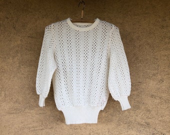 Vintage Kids Sweater White Woven Wool Blend 80s Top, Schoolgirl Clothing Retro Knitted XS Size