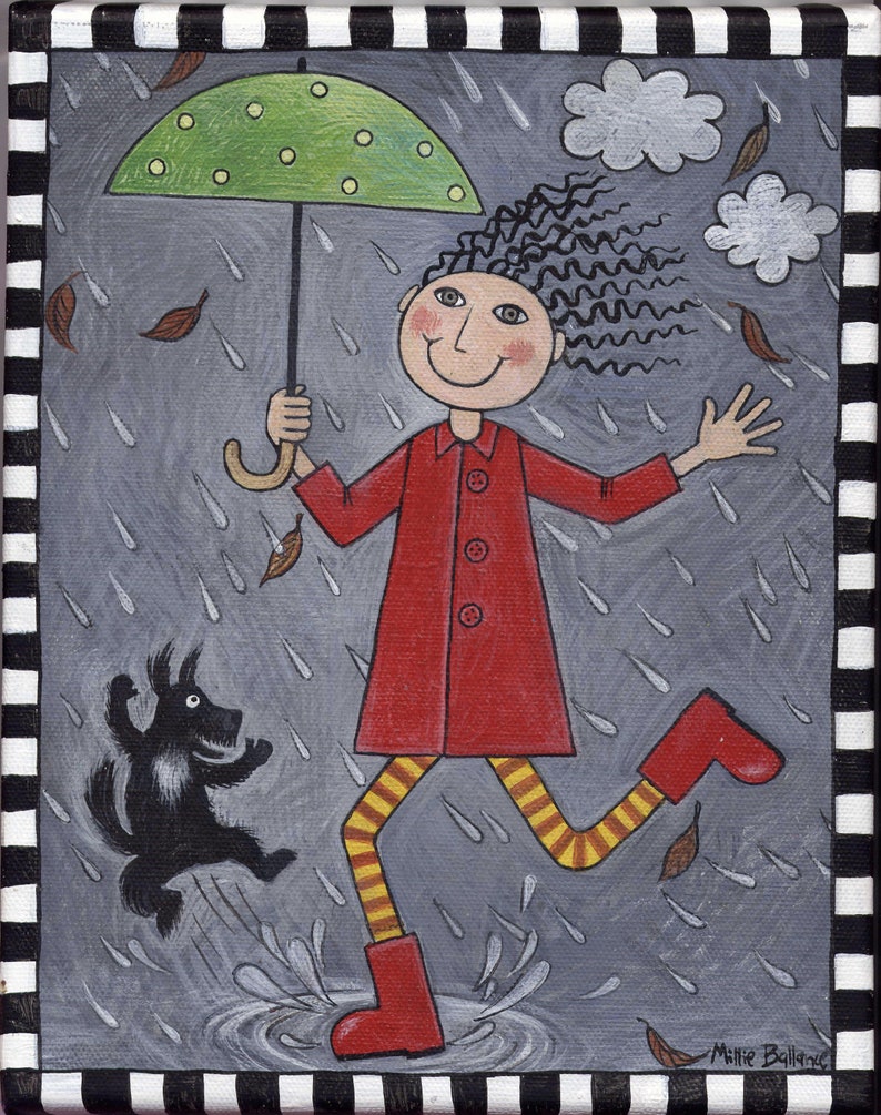Dancing In The Rain Paintinggirl In Red Raincoat With Green Umbrella Little Black Dog