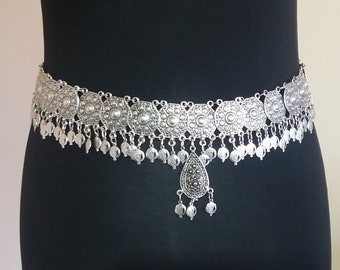 Armenian Pomegranate Armor Belt: Silver Oxidized Ethnic Belly Dance Jewelry, Rustic Shield Link Design