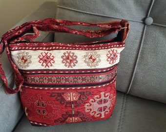 Armenian Bag crossbody Cotton blend Red Ethnic ornament with black rope Tote bag Shopper bags rectangle For mobile phone Spring gifts
