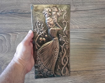 Vintage Embossed Copper Wall Decoration of an Armenian woman carrying a basket of different Fruits, Armenian Fruits Harvest, Decorative Art