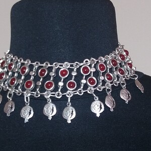Collier Ras Du Cou Grenade Arménienne - Pendente Lune Rouge Et Argenté - 46-50cm