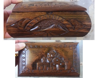 Handcrafted Armenian wooden box with Mount Ararat and Shoghakat Church