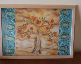 Painting on Silk of a Pomegranate Tree, Mural Armenian Painting on Silk, Decorative Colorful Pomegranate Tree Painting, Home Art Gift
