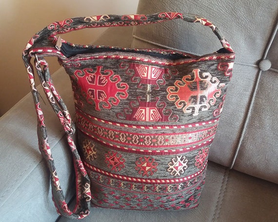 Armenian Bag crossbody Cotton blend Red Ethnic ornament with black rope Tote bag Shopper bags rectangle For mobile phone Spring gifts
