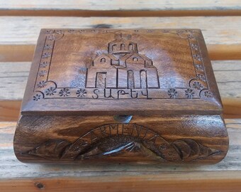 Handcrafted Armenian wooden box with Mount Ararat and Tatev Monastery
