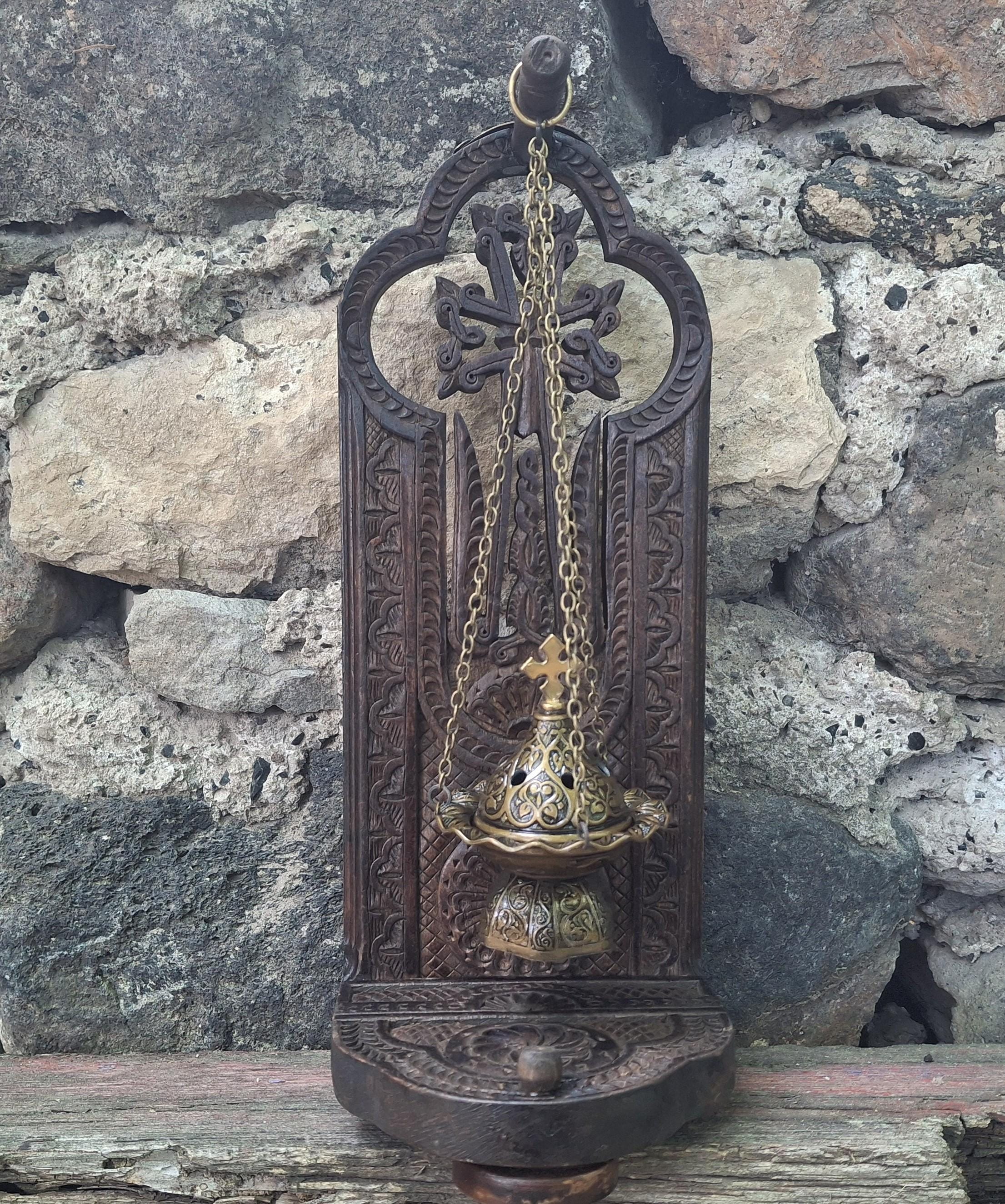 Wooden Cross Eternity Holder Incense Burner, Armenian Cross
