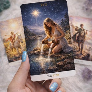 Puede incluir: Carta del tarot que representa a una mujer arrodillada junto a un río, vertiendo agua de dos jarras doradas. La carta está etiquetada como "THE STAR" y "XVII". Otras cartas son visibles en el fondo. La imagen tiene un tema celestial con un cielo estrellado.
