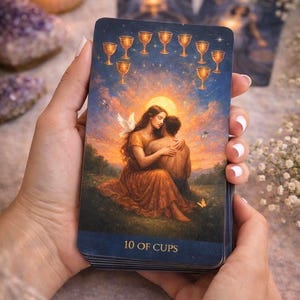 Puede incluir: Una carta de tarot rectangular titulada 10 OF CUPS que muestra una ilustración de dos figuras abrazándose en un campo de hierba bajo un cielo al atardecer. Sobre ellos, diez copas doradas están dispuestas en arco. La carta tiene un borde azul oscuro.