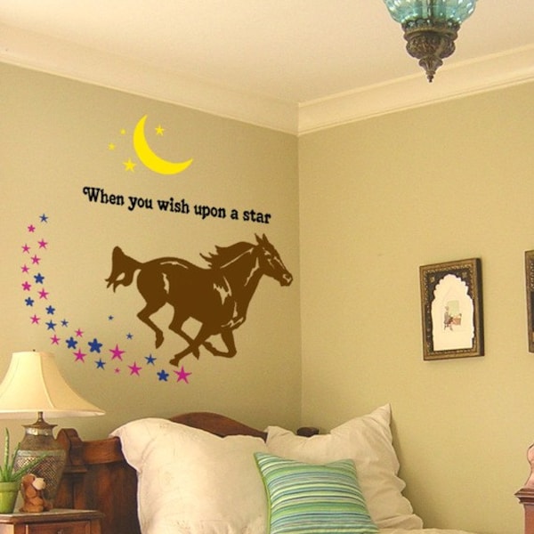 Horse decal, girls room pony wall sticker, mustang quote decal, childs room decor, moon decal, star stickers, wall words, 40 X 41 inches