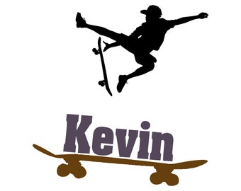 Boys skateboarder wall decal, teen personalized skateboard decal, childs name sticker, wall words decal, vinyl wall decal, 28 X 29 inches