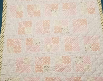 Handmade Flannel Pieced Quilt, Crib Quilt, Lap Quilt, Child's Play Mat, Baby Girl's Gift, New Mom Gift, Baby Keepsake, Toddler Quilt