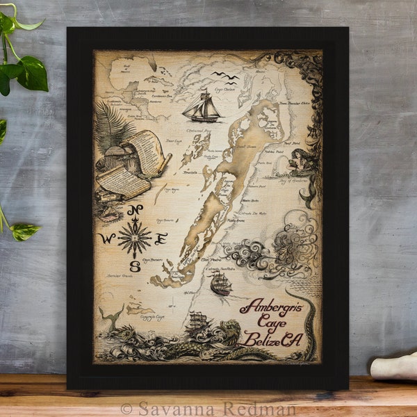 Ambergris Caye, Belize, 15x20" Fine Art Giclee Print of Hand-Drawn Nautical Chart, Archival Art Print, Old World Style Map Antique Style Map