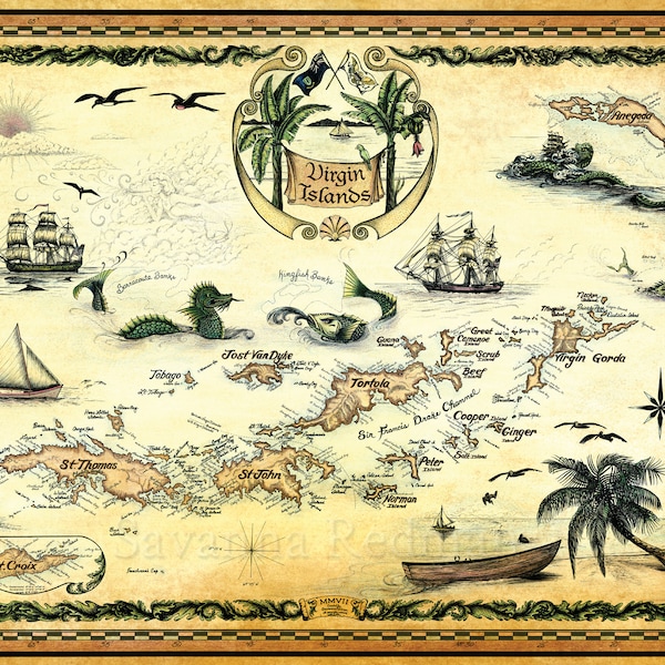 Nautical Chart of U.S. and British Virgin Islands. Anegada to St Croix. Hand Drawn Antique Style Map of the USVI and BVI