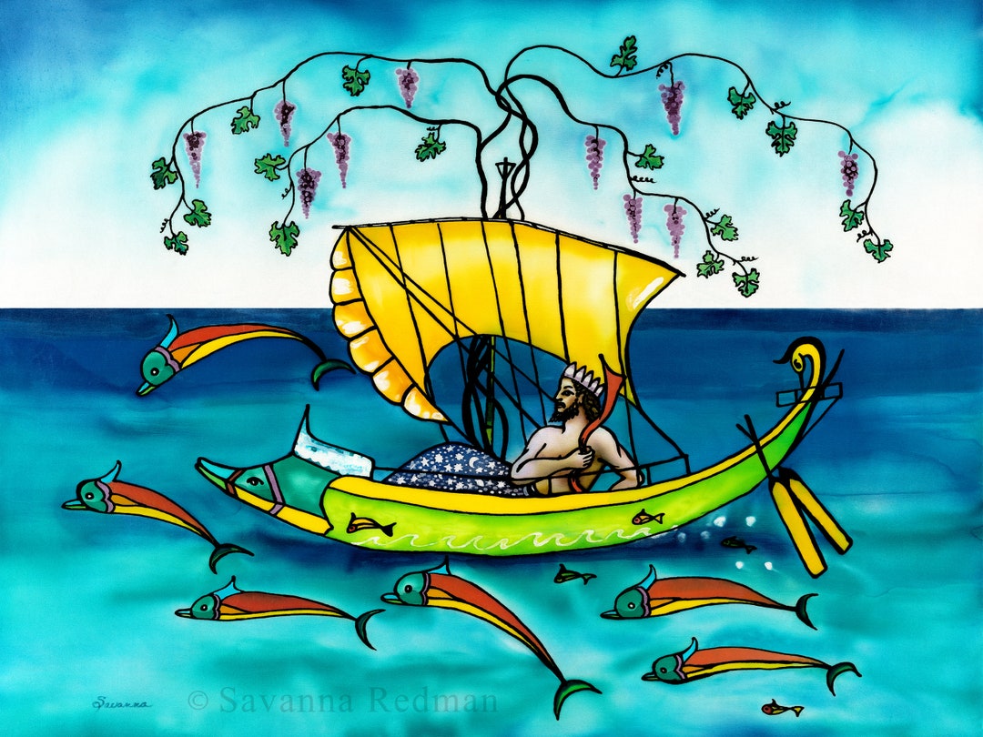 Dionysus Sailing With Dolphins Silk Painting, 32x24 Fine Art Giclee