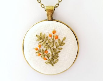 Floral necklace Silk ribbon embroidery Embroidered pendant Mother/'s Day gift Floral bohemian necklace Romantic necklace