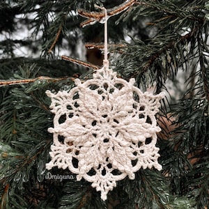 May include: A white crocheted snowflake ornament hanging from a branch of a pine tree covered in ice.