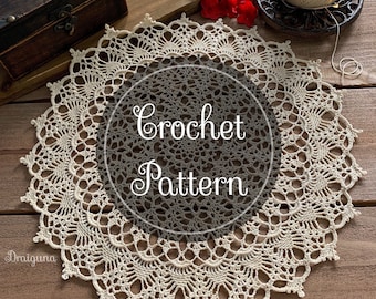 May include: A close-up of a crocheted doily with a delicate, intricate design. The doily is white and has a circular shape. The text "Crochet Pattern" is superimposed on the doily.