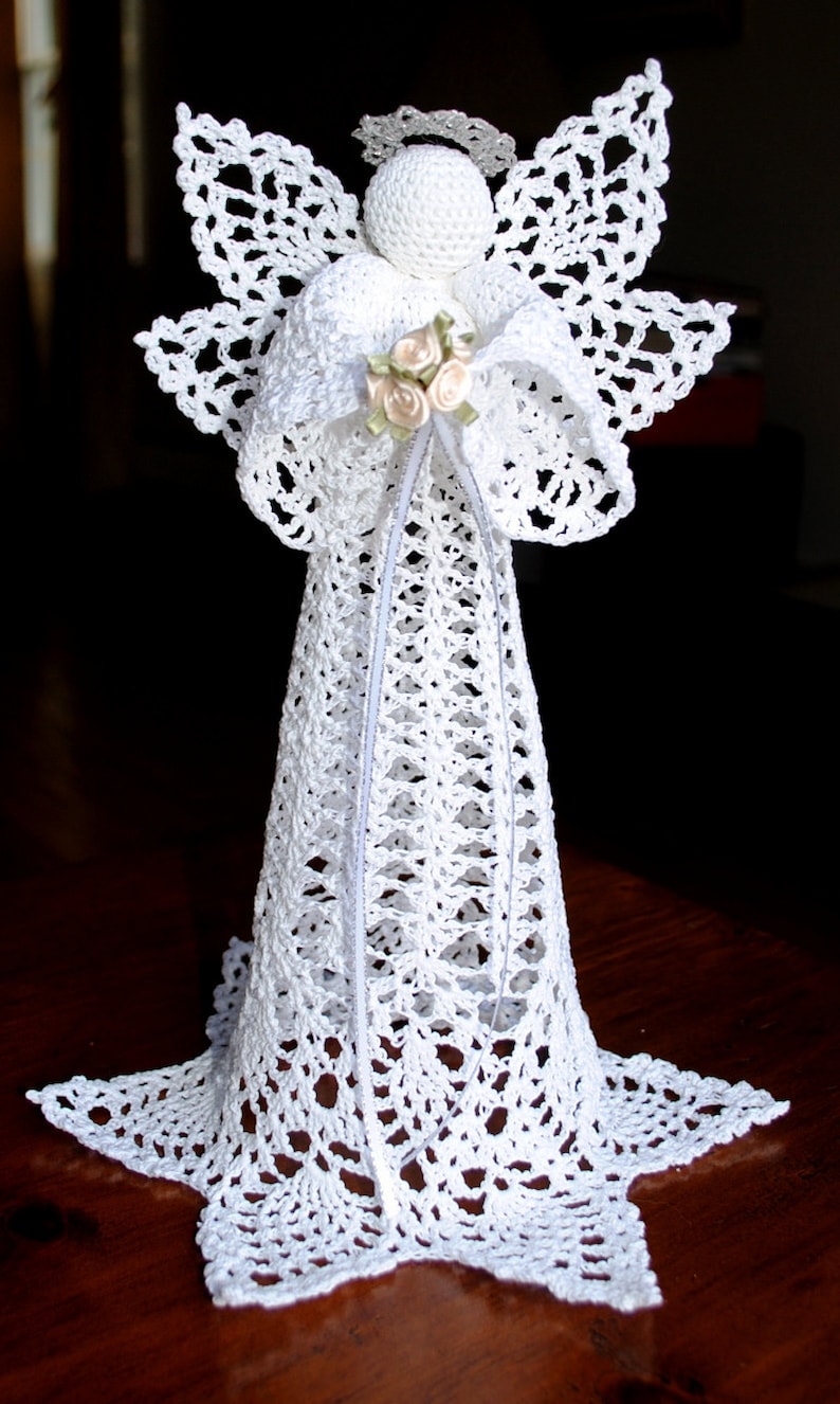 Crochet Christmas angel tree topper white with a silver halo Etsy