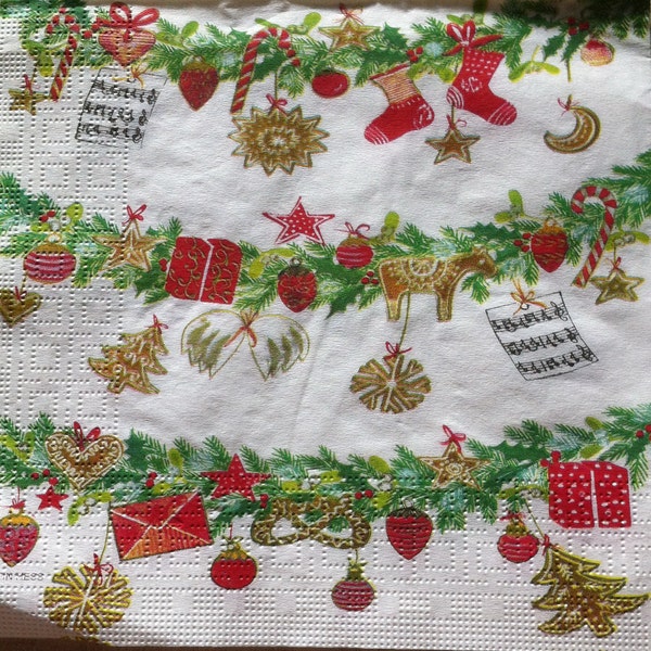 2 Rare,out of print paper napkins for mixed media, collage, scrapbook, decoupage PACK OF TWO Christmas Garland