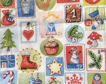 2 Rare, out of print paper napkins for mixed media, collage, scrapbook, decoupage PACK OF TWO Advent Calendar