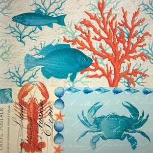 2 Sea life inspired paper napkins for mixed media, collage, scrapbook, decoupage SET OF TWO Sea World