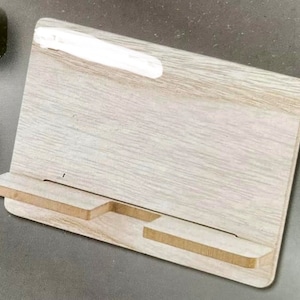 Effen houten onafgewerkte vrijstaande telefoonhouder, telefoonstandaard, kaarthouder voor decoratie