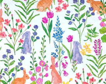 2 grote Caspari-papieren servetten voor mixed media, collage, plakboek, decoupage PARTIJ VAN TWEE Bunny Field