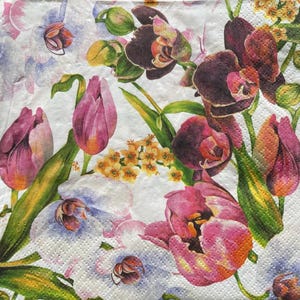 2 große vergriffene Papierservietten für Mixed Media, Collage, Scrapbook, Decoupage PACKUNG MIT ZWEI Orchideen und Tulpen