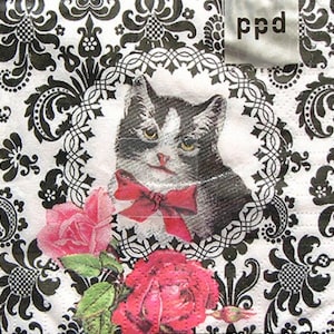 2 small paper napkins for mixed media, collage, scrapbook, decoupage PACK OF TWO Chat Parisien