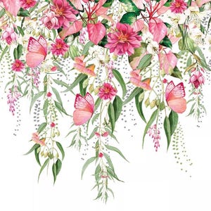 Puede incluir: Ilustración en acuarela con un diseño floral con flores rosas, hojas verdes y mariposas rosas. La imagen tiene un fondo blanco y un estilo delicado y artístico, ideal para tela o papel pintado.