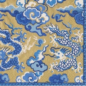 2 small Caspari paper napkins for mixed media, collage, scrapbook, decoupage PACK OF TWO Blue Dragon