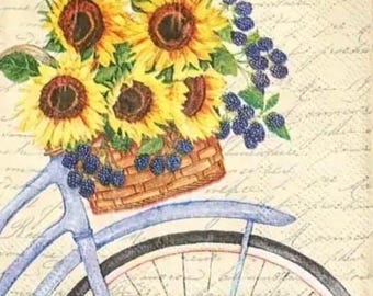 2 servilletas de papel pequeñas para técnicas mixtas, collage, scrapbooking, decoupage PAQUETE DE DOS Bicicleta y Girasoles