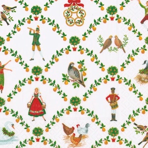 Può includere: Tovagliolo di carta bianco con un motivo ripetuto di viti verdi, frutta gialla e piccoli alberi in vaso. Il design include illustrazioni di uccelli, persone in costume tradizionale e una ghirlanda decorativa.