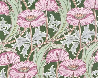 May include: A repeating pattern featuring stylized pink poppies with green leaves and stems on a dark green background. The floral design has a vintage aesthetic, with soft lines and a classic botanical theme.