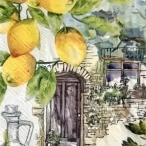 May include: Watercolour illustration of lemons on a branch with green leaves. A rustic building with a wooden door and window is in the background. An olive oil bottle with a label is in the foreground. The image has a vintage, Mediterranean theme.