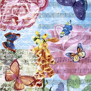 2 servilletas de papel grandes y raras para técnicas mixtas, collage, álbum de recortes, decoupage PAQUETE DE DOS Jardín Musical