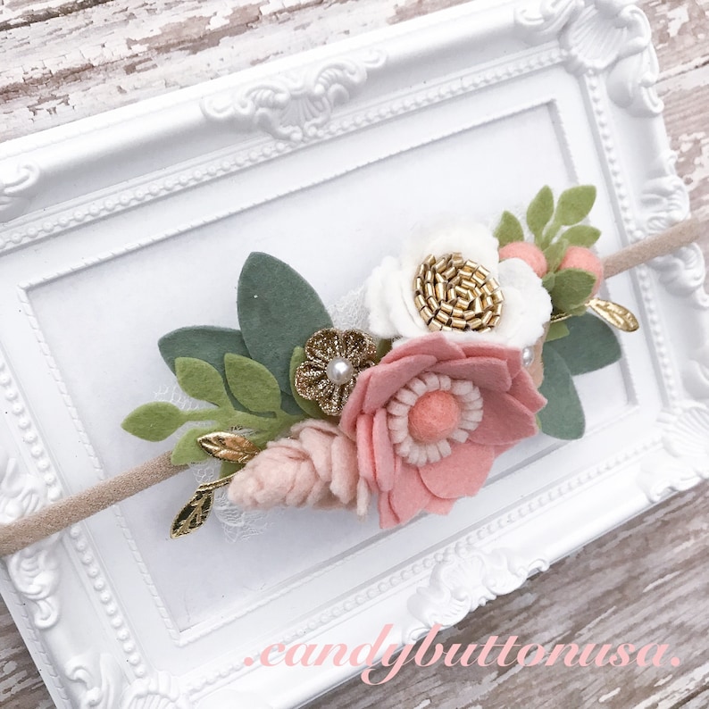 Tea Party Headband Pink Gold Headband Pink Floral Crown Baby Headband Blush Pink Flower Crown Pink Gold Birthday Headband