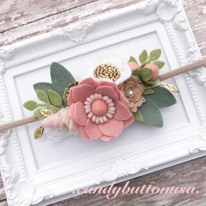 Tea Party Headband Pink Gold Headband Pink Floral Crown Baby Headband Blush Pink Flower Crown Pink Gold Birthday Headband