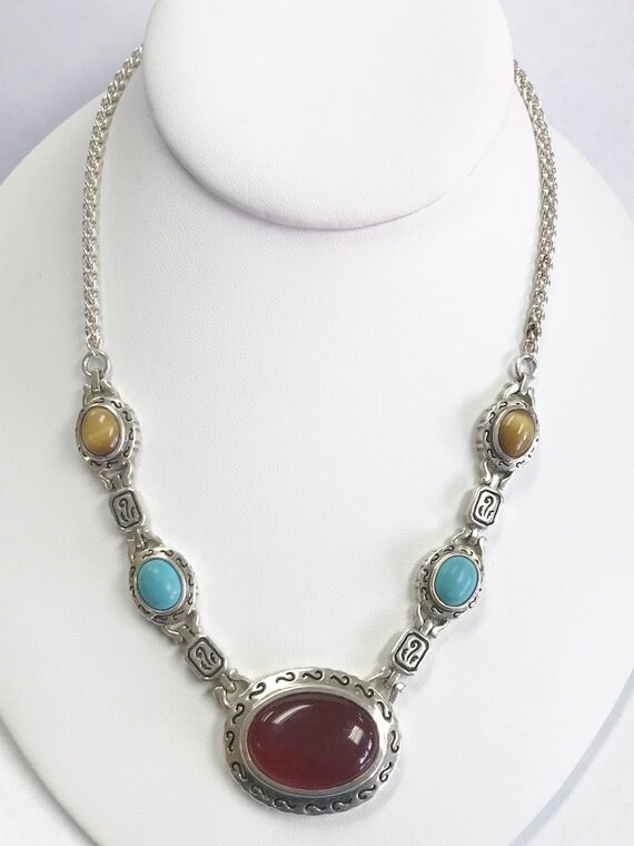 Gemstones 925 Sterling Silver Tiger/'s Eye and Turquoise Set Pendant and Earrings