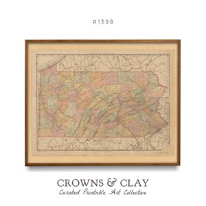 Oeuvre d'art imprimable vintage de carte d'état de Pennsylvanie, cadeau pour voyageur, mur de galerie de bricolage, cadeau de dernière minute, couronnes et impression numérique d'argile # 1398