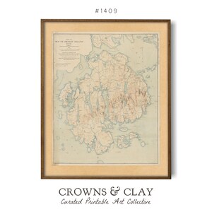 oeuvre d'art imprimable vintage du Maine, carte de l'île du mont désert, impression d'art côtière de la Nouvelle-Angleterre, cadeau de dernière minute bricolage, couronnes et impression numérique d'argile #1409
