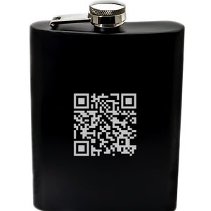 May include: Black stainless steel hip flask with a silver cap and a silver engraved QR code.