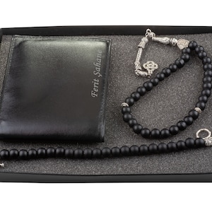 Juego de Cartera, Rosario y Brazalete Personalizados - Negro / Nombre Grabado Personalizado