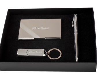 Personalisierter Kugelschreiber, USB Flash Disc und Visitenkartenhalter Set / Personalisierter Gravierter Name
