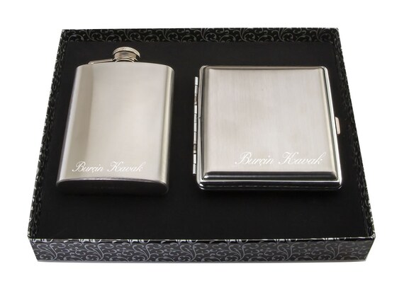 custom stainless cigarette case Personalized Flask and Cigarette Case Set Stainless Steel / Custom Engraved  Name