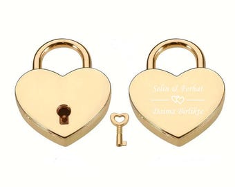 Personalized Gold Color Heart Love Padlock / Custom Name Engraved