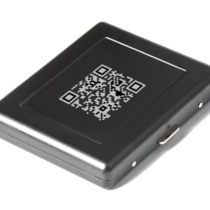 May include: A black metal cigarette case with a silver clasp and a QR code printed on the top.
