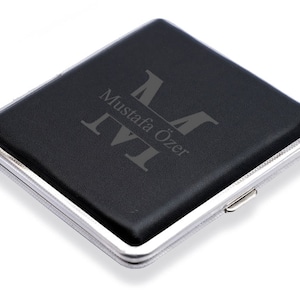 Cigarette Case Personalized Leather Cover Black / Custom Engraved Name and Letter