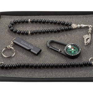 Personalized Compass, Whistle, Rosary and Bracelet Set - Black / Custom Engraved Name